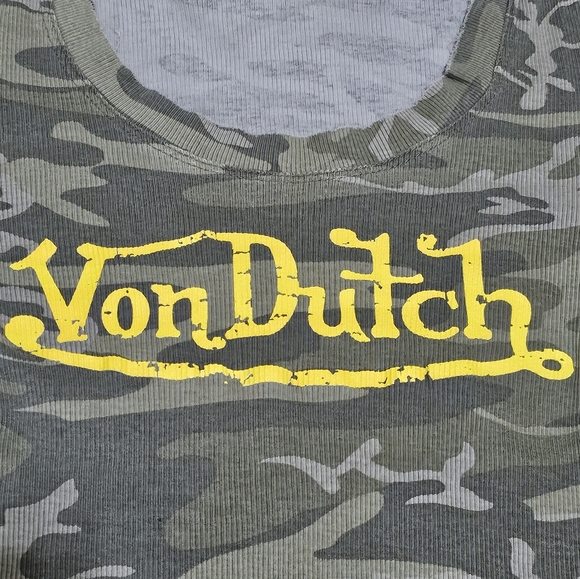 NWOT Von Dutch Deconstructed Camo Top Ribbed Scoop Neck Baby Tee Y2K 2000s Style - Picture 3 of 8